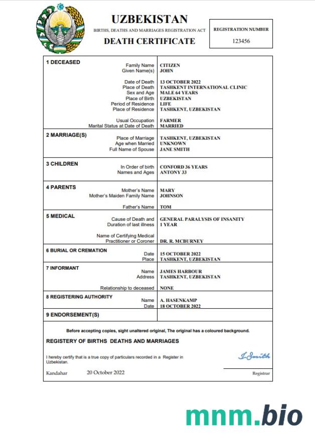 Uzbekistan rekord życiowy śmierć certyfikat Word i PDF szablon